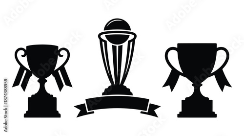 Cricket Championship Trophy Icon Set Sports Award Victory Vector Illustration