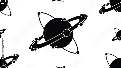 Seamless pattern of black planet and moon illustrations on white background