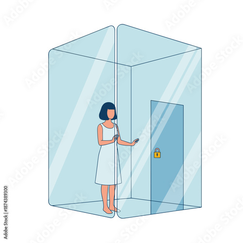 Woman standing in transparent room holding phone near locked door  