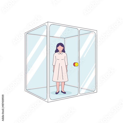 Woman standing in a glass enclosure with a door and yellow button  