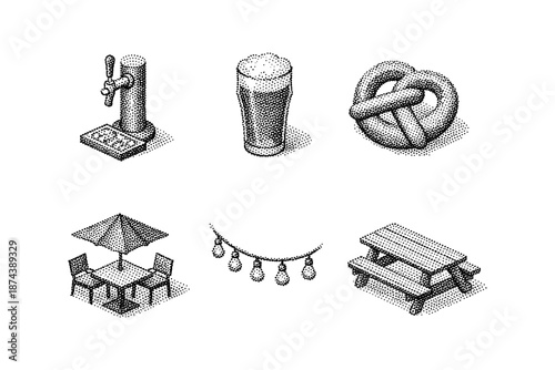 Oktoberfest dot art: beer tap, glass, pretzel, outdoor decor, picnic table, patio set