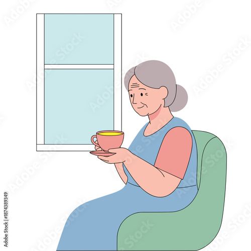 Elderly woman holding a cup while sitting in living room by window  