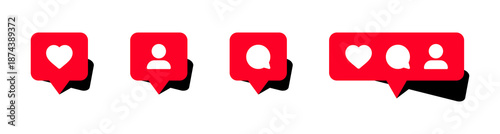 Social media notification bubbles with like, comment, and follower icon in red speech bubble with black shadows, featuring heart, user, and chat icons , social interactions. vector illustration