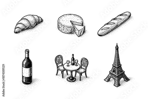 Classic french icons: croissant, cheese, baguette, wine, bistro table, eiffel tower sketches