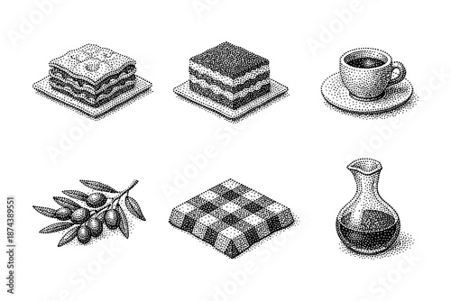 Vintage dot design of desserts, coffee, olive branch, and oil bottle