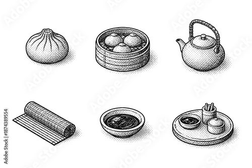 Hand drawn dim sum and tea set in vintage style