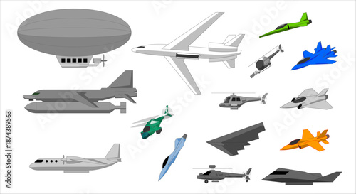 Various Types of Airplanes Collection Isolated on White Background