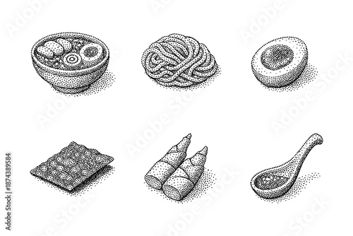 Stipple style asian cuisine: ramen, noodles, egg, dumplings, bamboo shoots, soup spoon