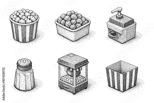 Vintage halftone popcorn collection: retro snacks and machines