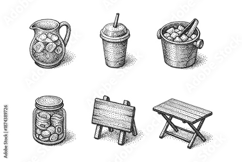 Vintage halftone collection of household items in stippling style