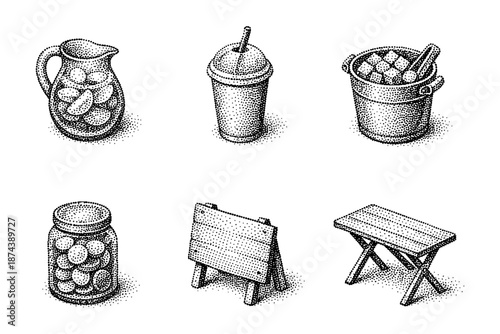 Retro stipple summer icons: refreshing lemonade and picnic elements in vintage style