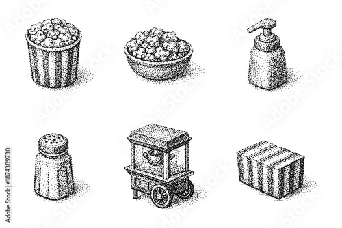 Retro popcorn and snack icons in detailed halftone style