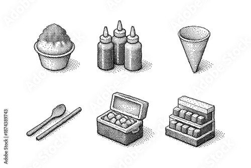 Stylish halftone design of food and beverage icons in black and white