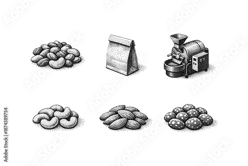 Hand-drawn coffee roaster and nuts collection in stipple art style