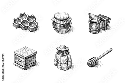 Vintage beekeeping icons set in detailed stipple art style