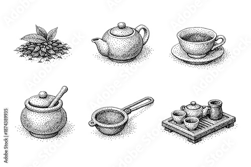 Elegant dot art tea set with tea leaves and utensils in detailed stippling style