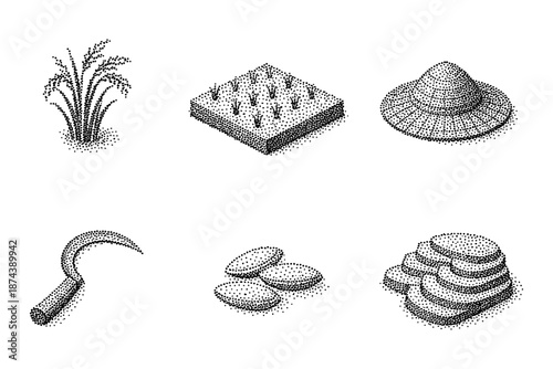 Retro halftone farming icons: rice, hat, sickle, seeds, terrace