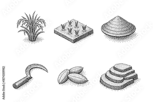 Dotwork icons of agriculture and harvesting tools