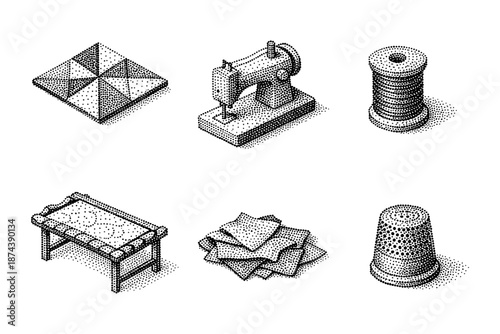 Vintage sewing tools in detailed halftone style: sewing machine, thread, patchwork, and more