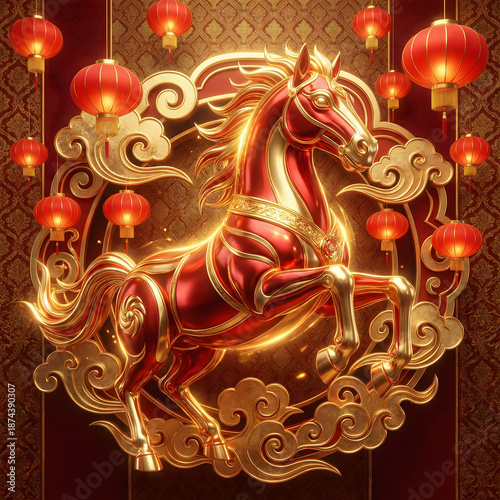 Golden Chinese Horse standing proudly amid red lanterns and decorative clouds, symbolizing strength, success, vitality, and good fortune – Chinese New Year Festive Illustration.