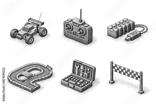 Retro style remote control car set with accessories in isometric dot art