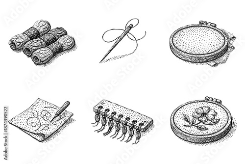 Vintage sewing and embroidery tools: cross stitch, needle, fabric, and more in detailed stipple art
