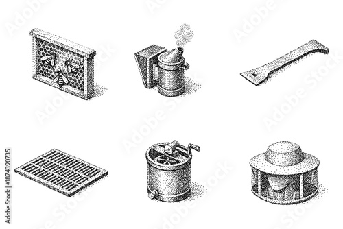 Vintage beekeeping tools in detailed black and white isometric style