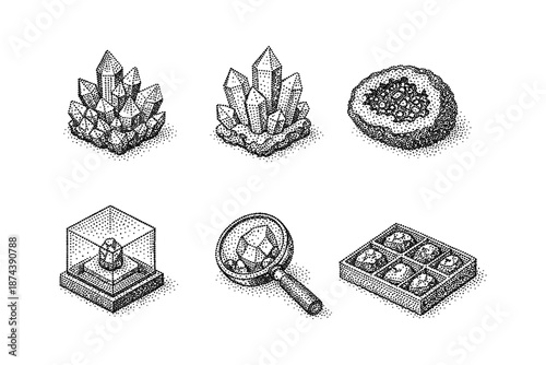 Vintage stippling style crystals and gemstones collection