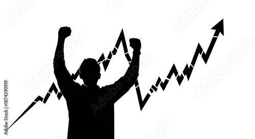 Silhouette of Successful Man Celebrating with Rising Growth Arrow Graph