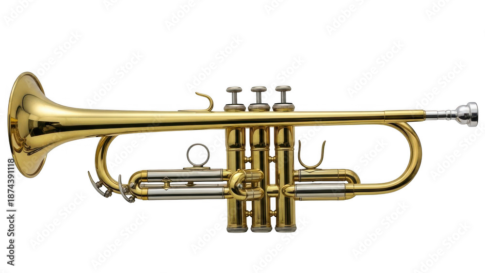Obraz premium Gold trumpet viewed from side isolated on transparent background