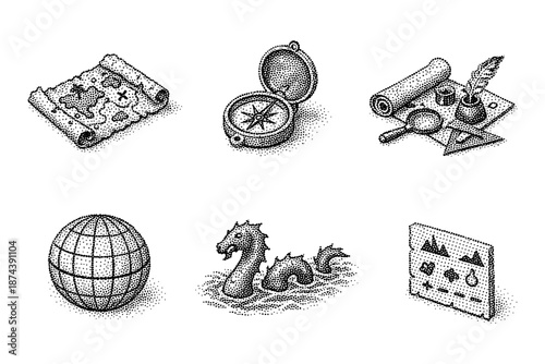 Vintage adventure icons set with stippling technique for retro themed designs