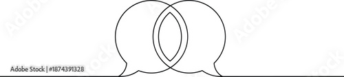 Minimalist black line art illustration featuring two overlapping speech bubbles on a continuous horizontal line for communication.