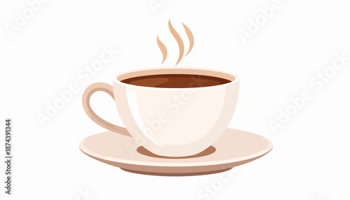 A steaming cup of coffee sits on a saucer, viewed from the side on a clean white background.
