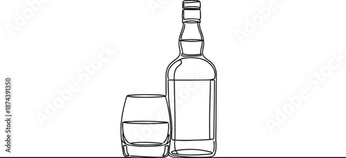 Minimalist line art bottle and glass of whiskey