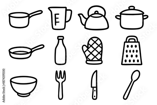 Kitchenware and cooking utensils icons set in simple outline doodle style