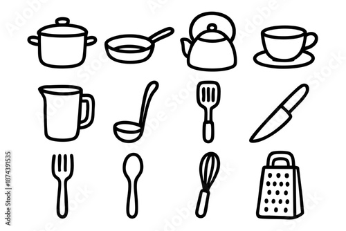 Kitchenware and cooking utensils icons set in simple outline doodle style