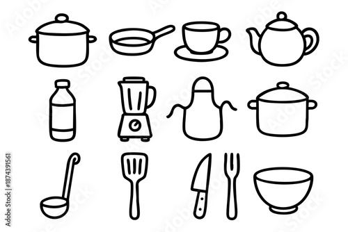 Kitchenware and cooking utensils icons set in simple outline doodle style