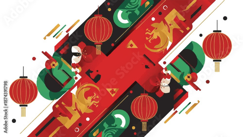 Colorful Lunar New Year parade featuring lanterns, performers, and drums in a vibrant street celebration.