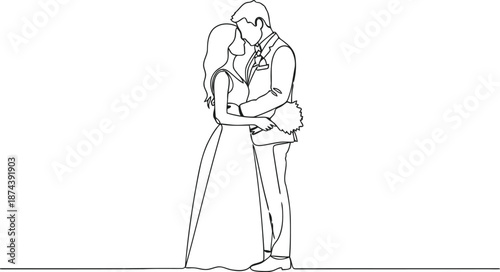 Romantic couple embracing tenderly in a minimalist line drawing
