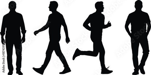 Male silhouettes standing walking and running showing movement fitness activity and modern lifestyle isolated on white background illustration concept