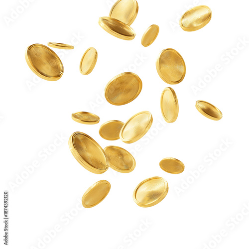 Falling gold coins with a generic design, isolated on white background, png