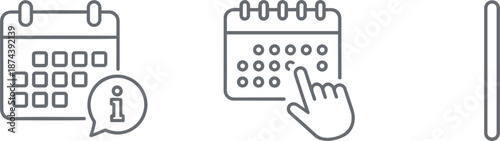 Professional grey outline icon set featuring calendars with info bubbles and finger selection for schedule planning and events.