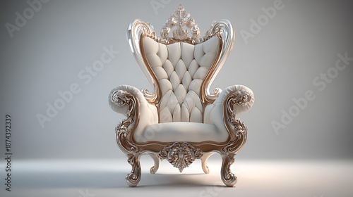 Traditional king throne chair isolated on white backdrop medieval royalty inspiration majestic tone directional lighting high detail, Realistic Photo