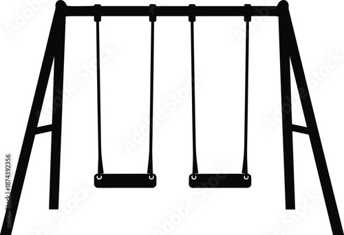 Playground swing set silhouette with two seats, black and white design, minimal outdoor recreation structure illustration