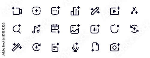 Artificial intelligence icon set. featuring chat, magic, sparkle, stars, prompt, AI, creativity and ai generated icons minimal thin line web icon set. Outline icons collection. Vector editable stroke