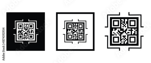 Three bold black square frames, each containing a classic black and white QR code pattern. Clean, minimalist vector design arranged horizontally on transparent background. Ideal for tech branding.
