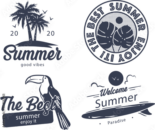 Hand drawn style travel insignias for summer trip branding design vector