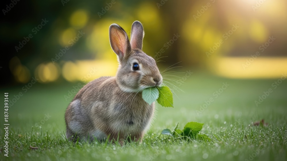Fototapeta premium Rabbit eating green leaf in grassy field with sunlight background