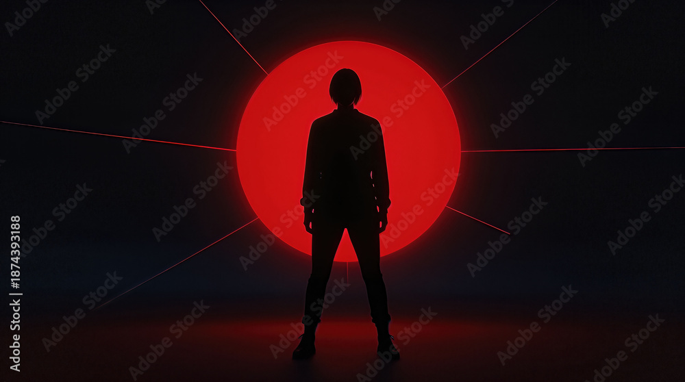 Fototapeta premium Silhouette of a person standing in front of a red glowing circle on a dark background.