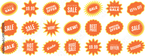 Orange starburst sale stickers for retail discount and special offer vector